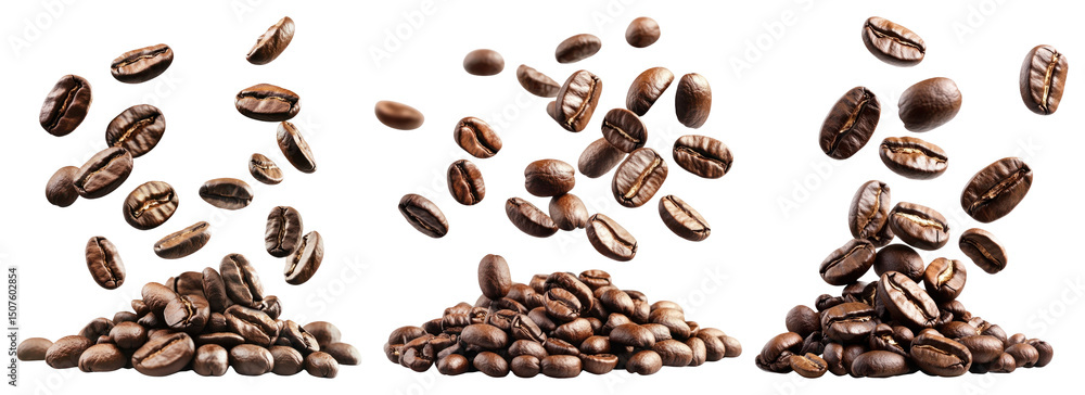 Obraz premium PNG Floating aromatic coffee beans, element set on transparent background