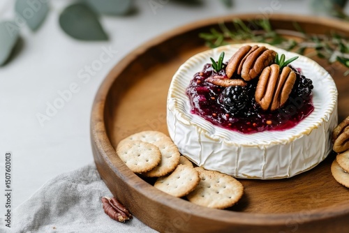 Baked Brie Topped With Blackberry Jam and Pecans Served With Crackers on a Wo...