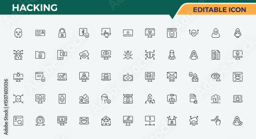 Hacking icon set in linear style. It contains symbols to hacker, fraud, cyber, security, hack and more. Security icon set. Outline symbol collection. Editable stroke. Vector collection.