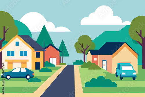 Picturesque landscapes featuring houses nestled among trees, with one prominently situated on a hill