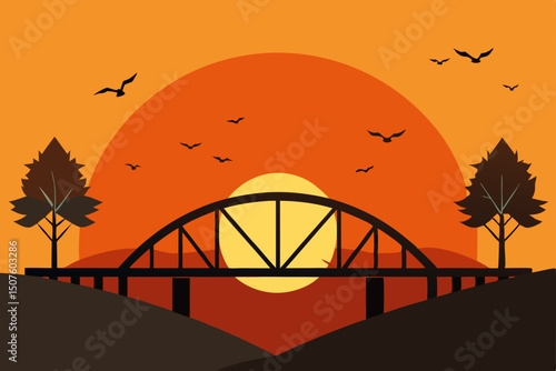 Sydney's steel arch bridge over the river in autumn with a cityscape view at sunset