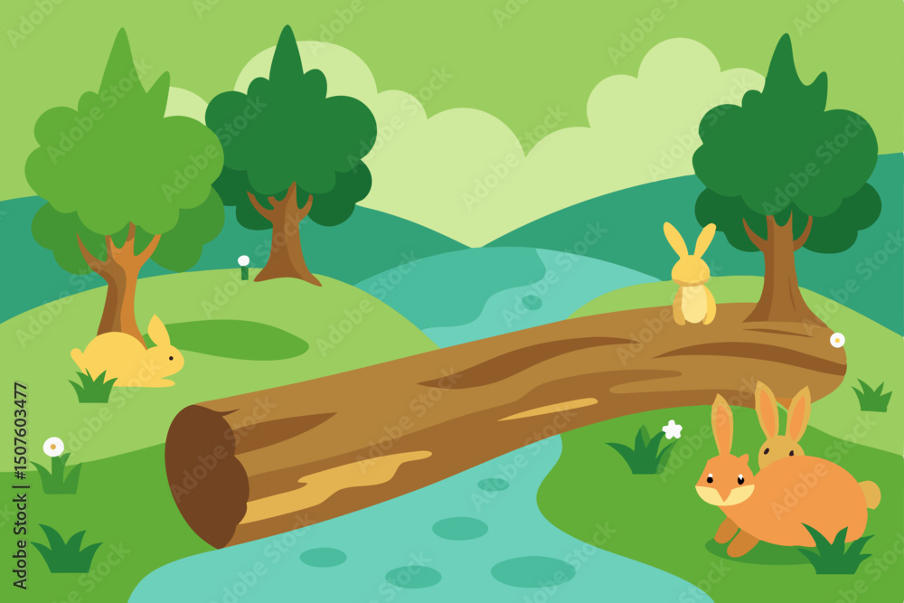 Obraz premium Nature landscape vector illustration of a summer forest with a river, green trees, grass, and a bright sky with clouds