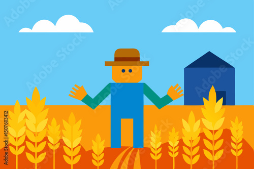 Cartoon vector illustration of a farmer with corn in a summer farm landscape with sky, sun, trees, and a house, depicting nature and the autumn season