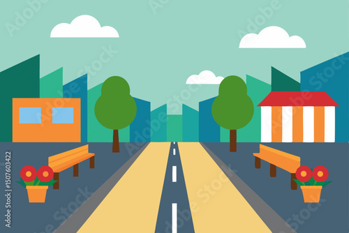 Cartoon vector illustration of a city road with cars and urban buildings under a cloudy sky