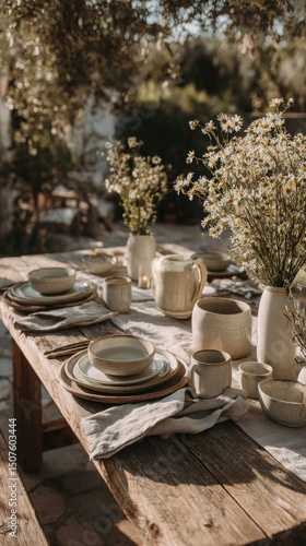 Elegant Outdoor Dining Setup With Floral Centerpieces and Rustic Tableware in...