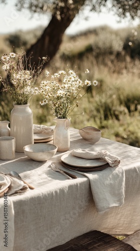Elegant Outdoor Dining Setup With Fresh Flowers in Vases Under Natural Sunlight