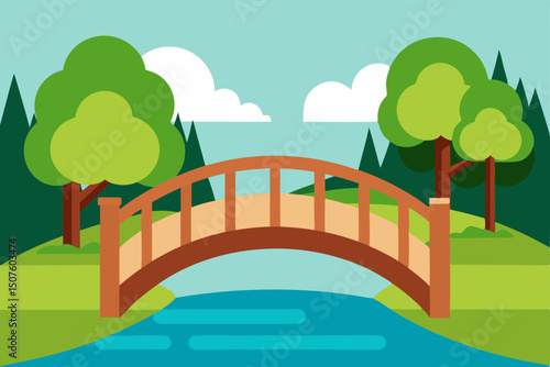 Summer park landscape illustration with a wooden bridge over the river, green trees, grass, and a bright sky with clouds