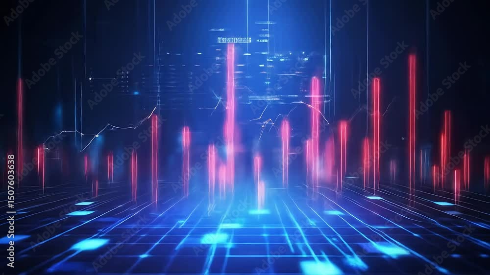 Futuristic 3D animation of glowing stock market chart bars and grid, symbolizing finance, analytics, big data, digital economy and business technology Futuristic 3D animation of glowing stock market chart bars and grid, symbolizing finance, analytics, big data, digital economy and business technology
