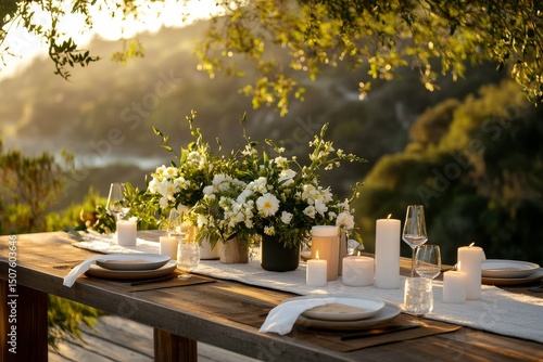 Elegant Outdoor Dining Setup With Flowers and Candles at Sunset in a Natural ...