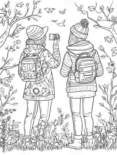 Bird watchers documenting migration patterns, vector graphic