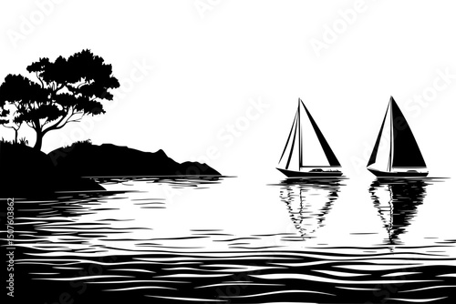 Boats approaching distant shoreline, black vector graphic