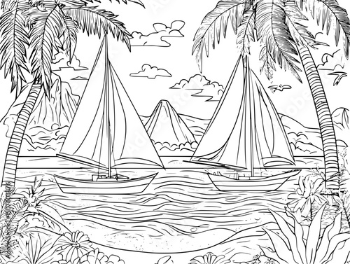 Boats approaching distant shoreline, vector illustration
