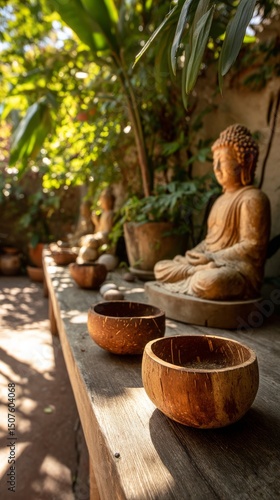 Tranquil Outdoor Space Featuring a Wooden Statue and Bowls Among Lush Greenery