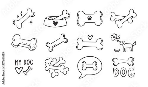 Hand drawn doodle bone for dogs set. Outline isolated drawing bones on white background. Line bone icons. 