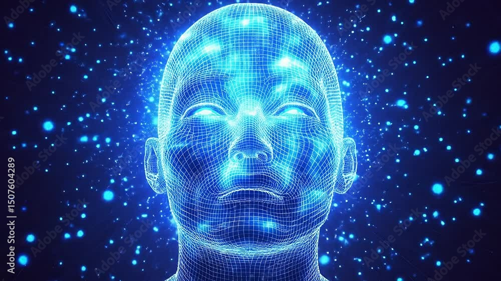 3D glowing wireframe head with digital light particles radiating from center, symbolizing artificial intelligence, consciousness, futuristic mind and data visualization 3D glowing wireframe head with digital light particles radiating from center, symbolizing artificial intelligence, consciousness, futuristic mind and data visualization
