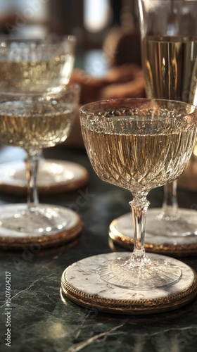 Elegant Crystal Glasses Filled With Sparkling Beverage on a Marble Table
