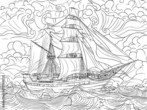 Cloud brightening machines at sea, black vector graphic