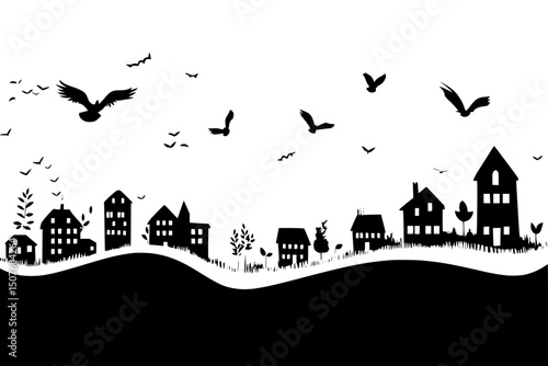 Coastal town affected by tides, vector graphic