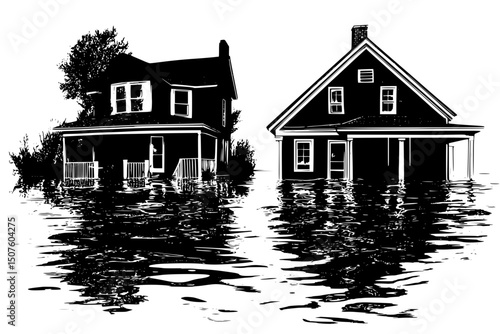 Coastal homes partially underwater, vector illustration art
