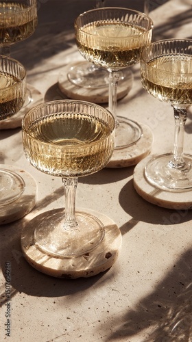 Elegant Crystal Glasses Filled With Sparkling Beverage on a Marble Table