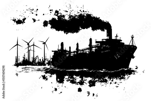 Coal ships passing windmill farms, black vector graphic