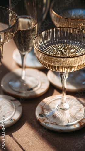 Elegant Sparkling Drinks Set on a Marble Tabletop in a Warm, Sunny Atmosphere...