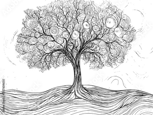 Decision trees beside neural pathways, black vector graphic