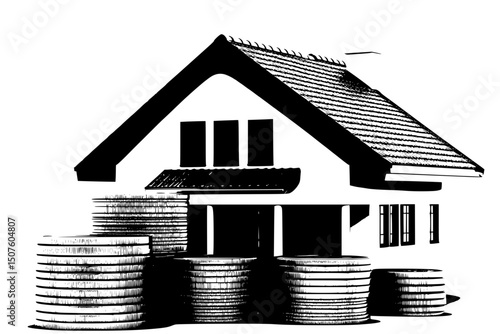 Dream home with savings plan, black vector graphic