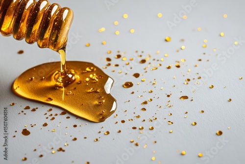 Golden Honey Drizzling From a Honey Dipper on a Gray Surface With Sparkling D...
