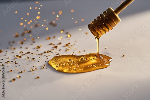 Golden Honey Dripping From a Honey Dipper on a Smooth Surface With Sparkling ...