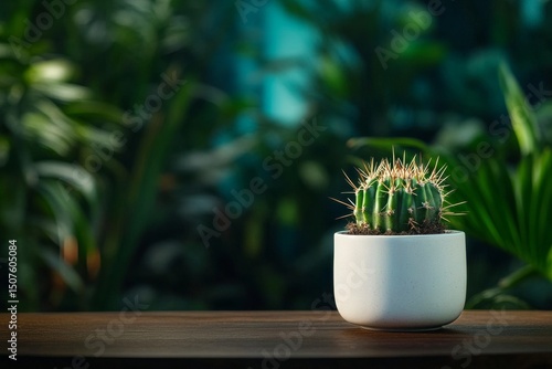 Vibrant Cactus in a White Pot Placed on a Wooden Table in a Lush Indoor Garden