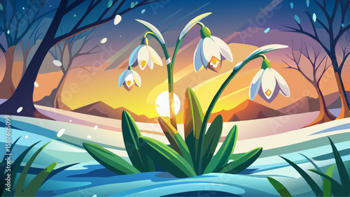 Delicate white snowdrops gently emerge from the fresh snow, their fragile blossoms catching the soft glow of sunrise. A serene symbol of resilience and hope in the early spring landscape.