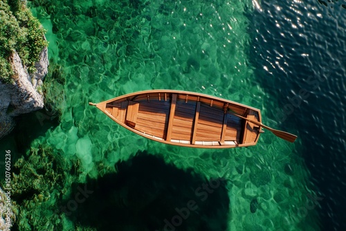 Wooden Boat Floating on Clear Turquoise Water Near Rocky Shore in Bright Dayl...