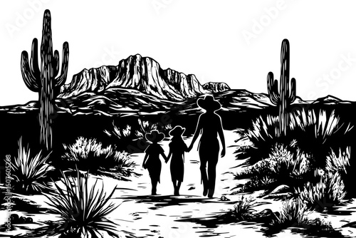 Family walking across desert terrain, vector illustration