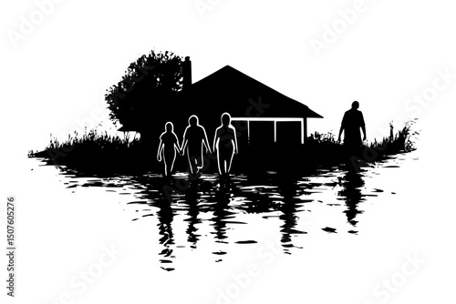 Families leaving flooded coastal homes, black vector graphic
