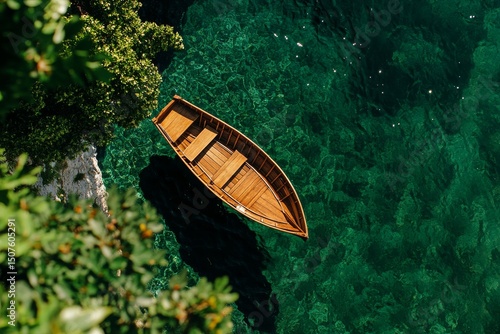 Wooden Boat Floating on Clear Turquoise Water Near Rocky Shore in Bright Dayl...