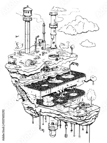 Farm with integrated water systems, vector illustration