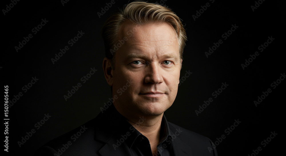 Portrait of a Mature Man in a Black Suit against a Dark Background in Studio Lighting Portrait of a Mature Man in a Black Suit against a Dark Background in Studio Lighting