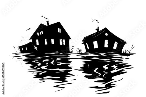 Floating homes withstanding rising waters, vector illustration art
