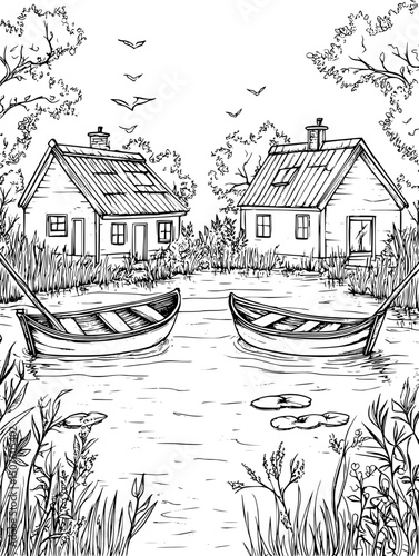 Floating homes withstanding rising waters, vector graphic
