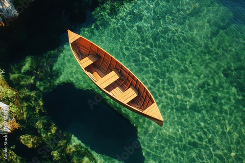 Wooden Boat Floating on Clear Turquoise Water in a Peaceful Coastal Area
