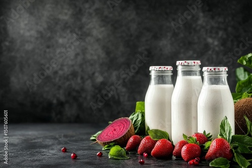 Fresh Dairy Bottles With Strawberries and Coconut on a Dark Background