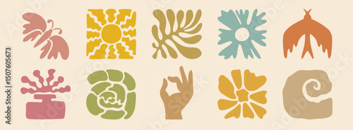boho summer beach doodle retro drawing icon set. Hand drawn groovy geometric sun, bird, flower, leaf. abstract square tropical icons in freehand retro hand drawn style