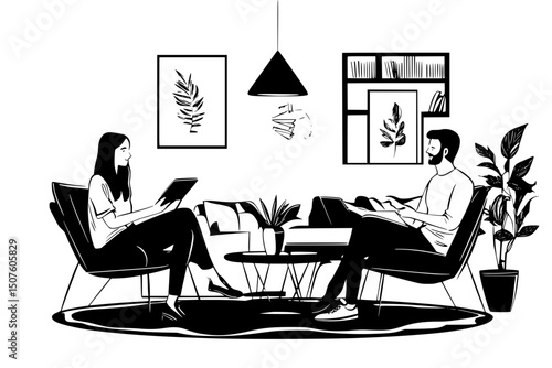 Household discussing monthly budget plan, vector graphic