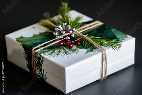 Elegant Holiday Gift Wrapped With Greenery and Natural Elements on a Dark Bac...