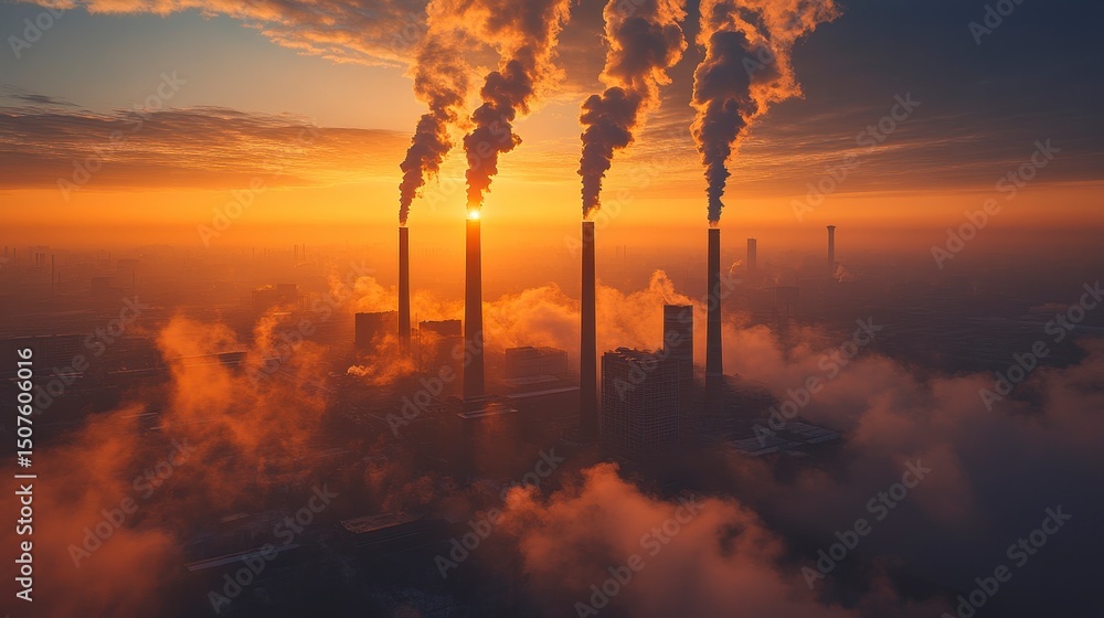 Towering smokestacks emit plumes under a vibrant sunset, creating an industrial skyline Towering smokestacks emit plumes under a vibrant sunset, creating an industrial skyline