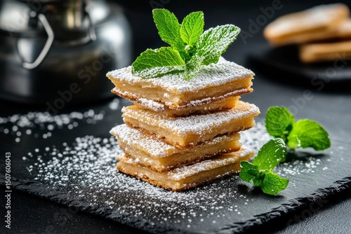 Delicious Layers of Dessert With Mint Leaves on a Dark Slate Background