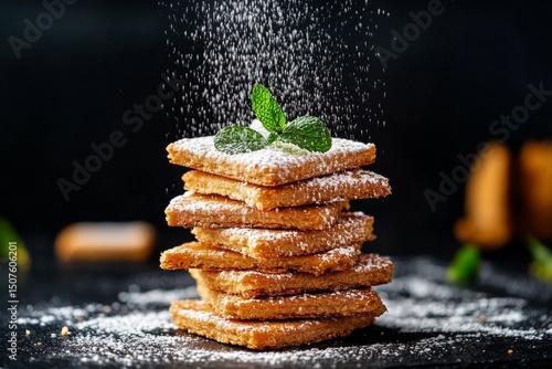 Delicious Layers of Pastry Topped With Fresh Mint and Powdered Sugar on a Bla...