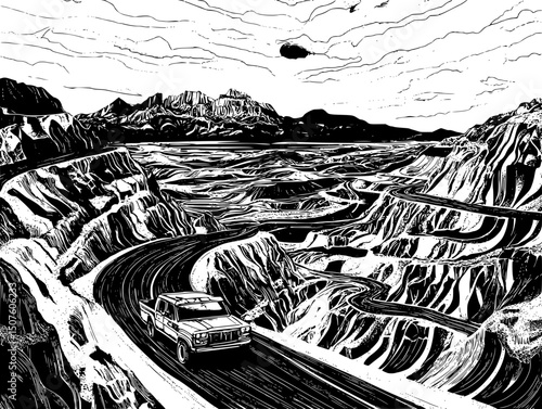 Lithium extraction scarring desert landscape, black vector graphic