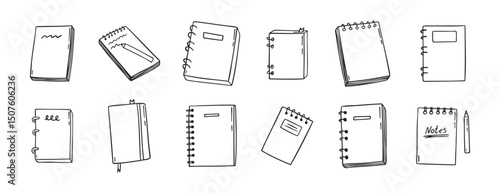 notebook doodle hand drawn icon set. Outline drawing notebooks line clipart symbol. Isolated doodle exercise book